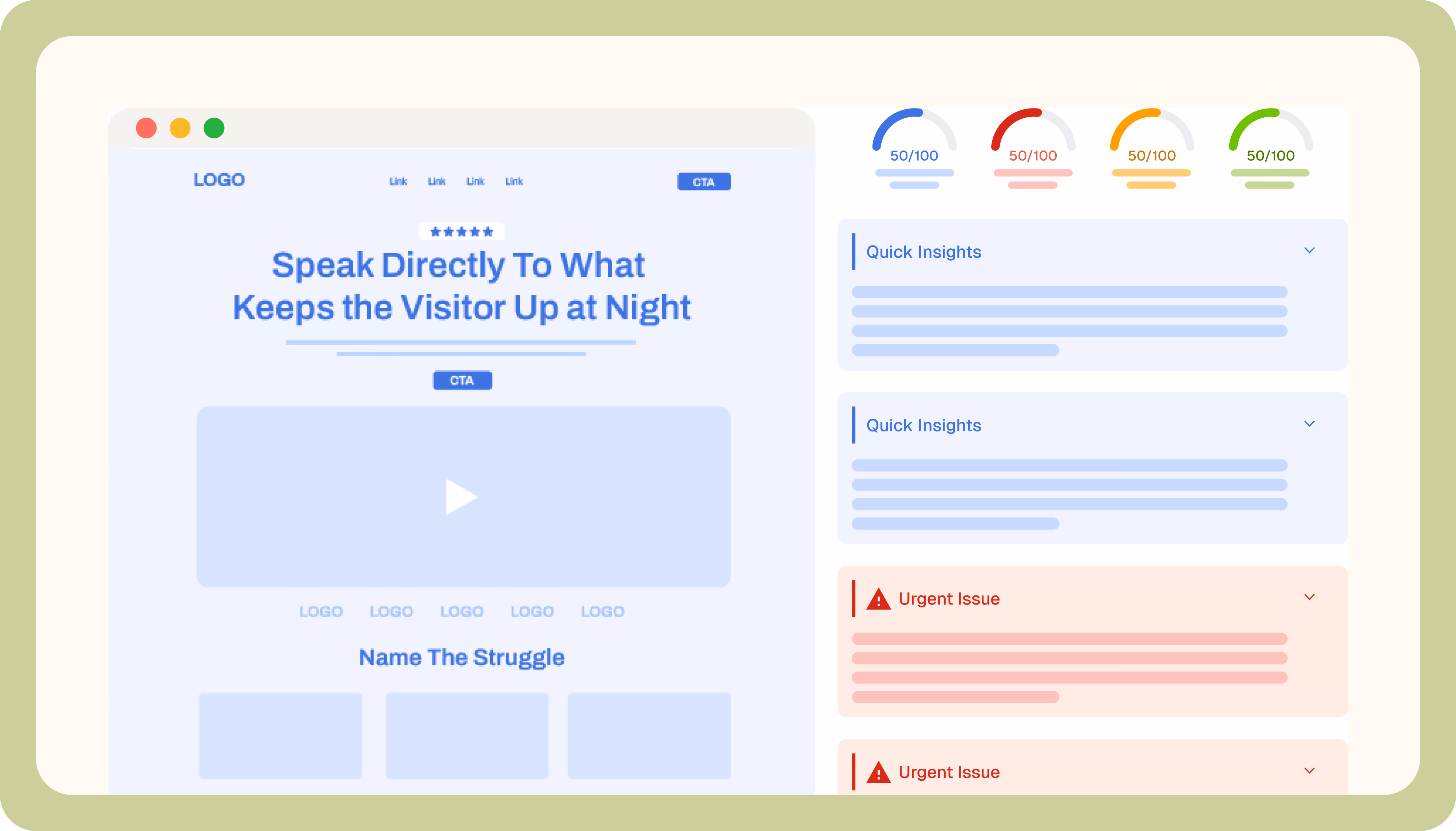 Kindred CRO Audit Interface showing website analysis with conversion scores and urgent issues